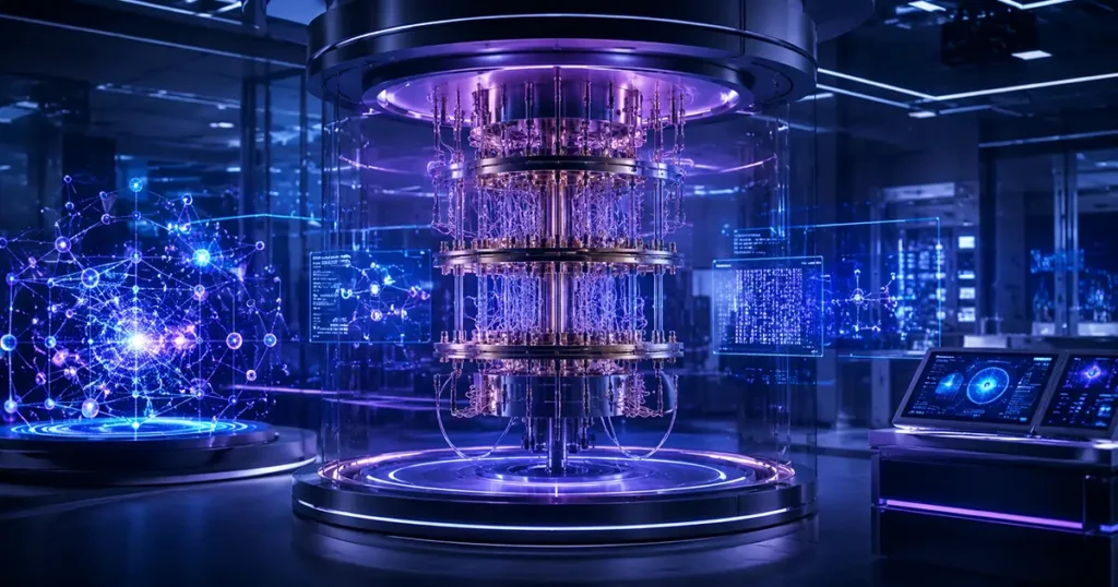 Computação quântica com processador quântico em laboratório futurista