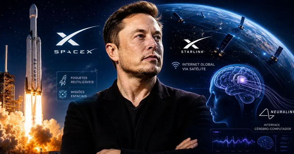 Elon Musk e SpaceX com foguete da SpaceX, satélites Starlink e interface cerebral Neuralink