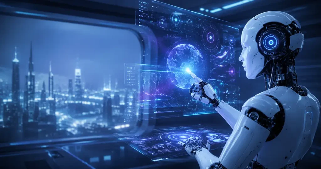 Robôs superinteligentes com inteligência artificial analisando dados em cenário futurista