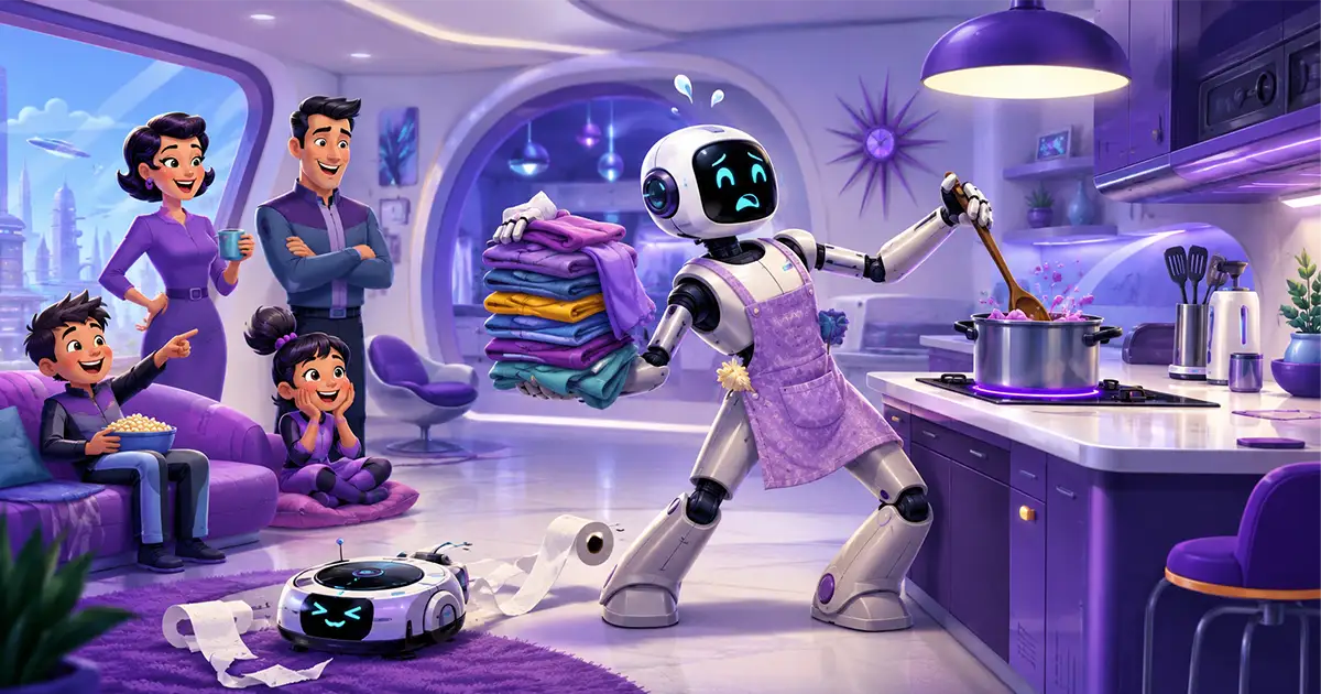 Robôs domésticos com IA ajudando uma família em uma casa inteligente futurista