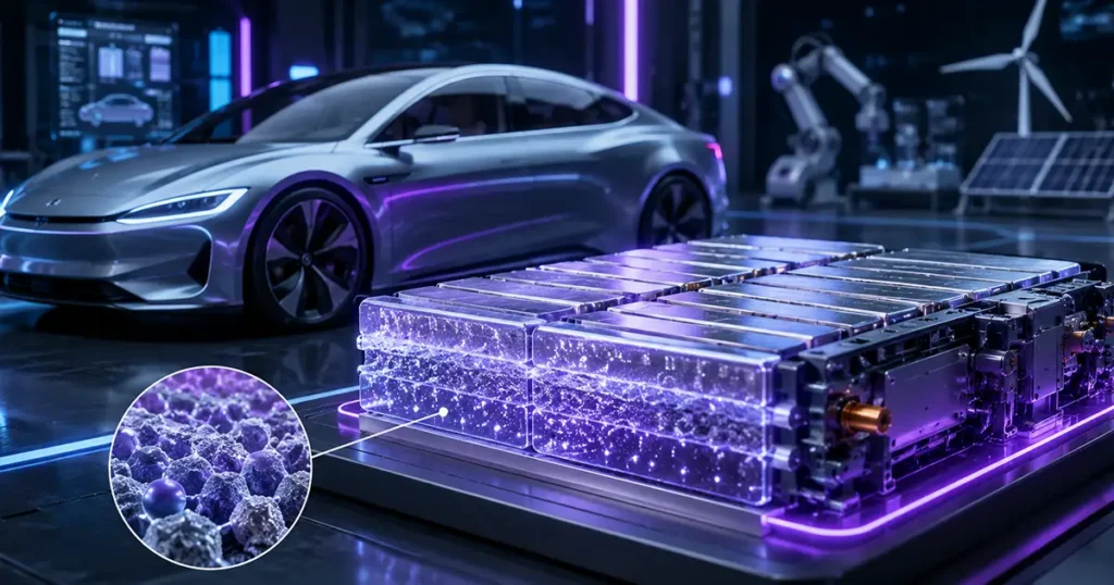 Baterias de estado sólido em carro elétrico futurista com alta autonomia