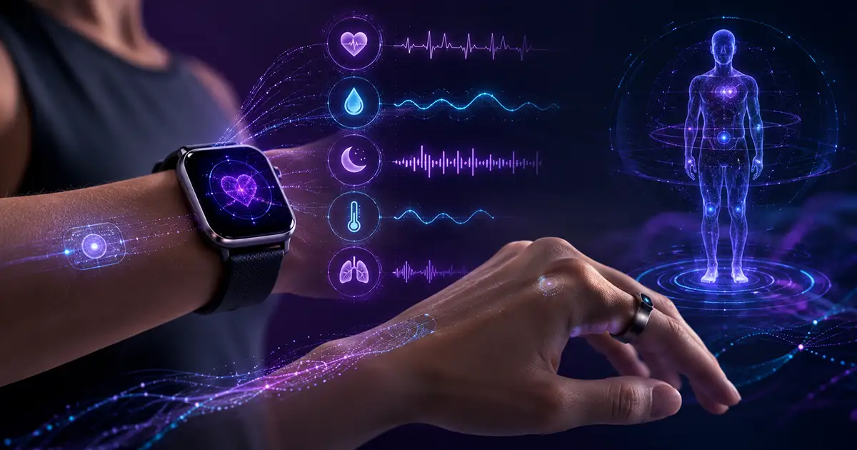 Biossensores vestíveis em relógio inteligente e anel monitorando sinais vitais em tempo real