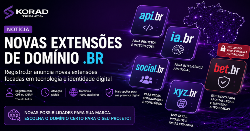 Novas extensões de domínio .br anunciadas pelo Registro.br com opções api.br, ia.br, social.br, xyz.br e bet.br
