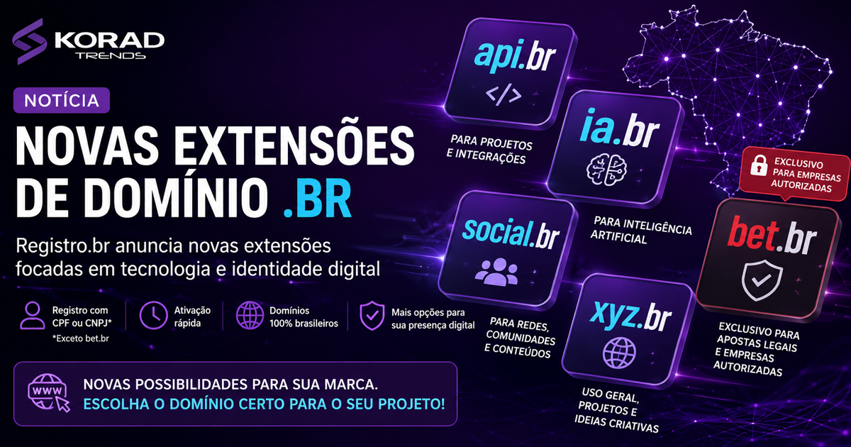 Novas extensões de domínio .br anunciadas pelo Registro.br com opções api.br, ia.br, social.br, xyz.br e bet.br