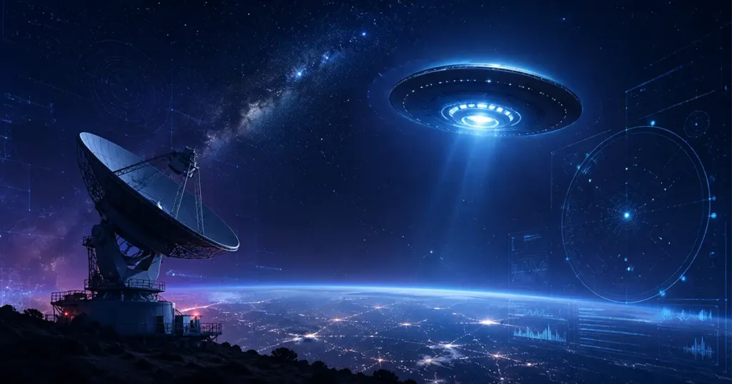 ecnologia alienígena existe com observatório analisando OVNIs e UAPs no céu noturno