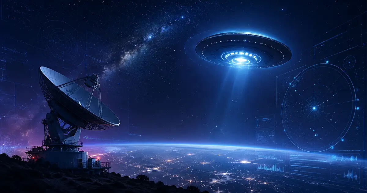 ecnologia alienígena existe com observatório analisando OVNIs e UAPs no céu noturno