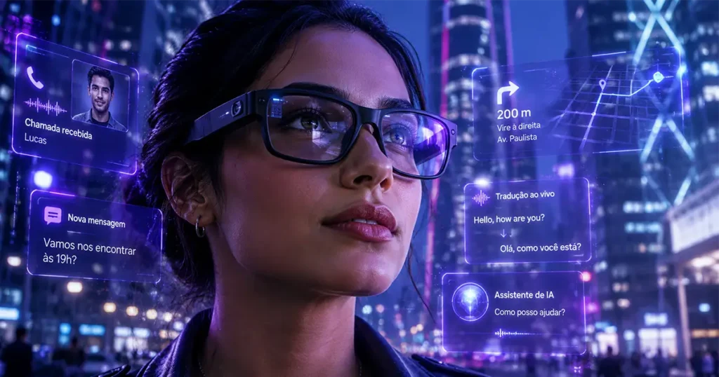 Óculos inteligentes com realidade aumentada e assistente de IA em cidade futurista